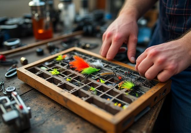 An angler organizing lures and fly-fishing tackle