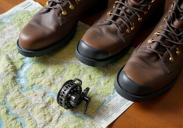 Close up of a professional fishing rod and hunting boots